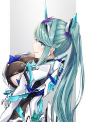  breasts chest_jewel earrings female gem greek_text green_eyes green_hair headpiece highres jewelry large_breasts long_hair pneuma_(xenoblade) ponytail sarasadou_dan solo swept_bangs tiara very_long_hair xenoblade_chronicles_(series) xenoblade_chronicles_2 