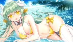  aqua_hair bad_id bad_pixiv_id bare_shoulders bikini blush bow breasts cleavage commentary_request fate/grand_order fate_(series) female hair_between_eyes hairbow horns in_water kiyohime_(fate) kiyohime_(swimsuit_lancer)_(fate) kiyohime_(swimsuit_lancer)_(first_ascension)_(fate) large_breasts long_hair looking_at_viewer lying morizono_shiki navel on_side open_mouth outdoors smile solo swimsuit thighhighs very_long_hair white_thighhighs yellow_bikini yellow_eyes 