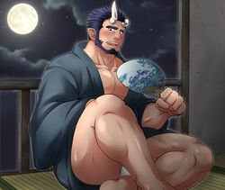  1boy alternate_costume bara beard black_hair black_kimono blush broken_horn bulge convenient_leg demon_boy demon_horns facial_hair fangs full_moon fundoshi hand_fan holding holding_fan horns japanese_clothes kimono live_a_hero looking_at_viewer male_focus male_underwear mature_male moon muscular muscular_male nessen_(live_a_hero) night night_sky pectoral_cleavage pectorals short_hair sky solo sunfight0201 thick_eyebrows thick_thighs thighs underwear white_male_underwear 