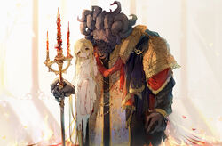  2boys absurdres androgynous armor barefoot black_claws black_horns black_robe black_skin blonde_hair braid carrying carrying_person colored_skin demon elden_ring fringe_trim gold_bracelet gold_necklace hand_on_lap height_difference highres holding_sash holding_trident horns implied_yaoi jewelry long_hair looking_afar looking_to_the_side miquella_(elden_ring) missing_eye mohg_lord_of_blood multiple_boys multiple_braids multiple_horns necklace ornate_armor ornate_clothes otoko_no_ko polearm red_eyes red_sash robe sash sitting_on_arm size_difference stole straight_hair trident uchuunin weapon white_robe yellow_eyes 