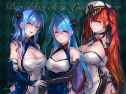  3girls absurdres ahoge azur_lane bare_shoulders between_breasts black_panties black_ribbon blue_hair blush breasts chains cleavage collarbone commentary dress elbow_gloves gloves hair_between_eyes hair_ornament hair_ribbon hat helena_(azur_lane) highres honolulu_(azur_lane) kurono_hyouka large_breasts long_hair looking_at_viewer medium_breasts multiple_girls one_side_up open_mouth panties peaked_cap purple_eyes red_eyes red_hair ribbon short_dress sidelocks st._louis_(azur_lane) twintails two-tone_dress underwear very_long_hair white_gloves 