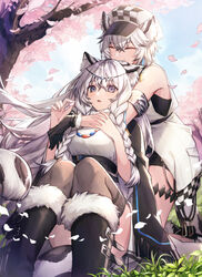  2girls animal_ears arknights armband bead_necklace beads black_cape black_footwear black_gloves black_legwear boots braid cabbie_hat cape checkered_clothes checkered_headwear cherry_blossoms cliffheart_(arknights) closed_eyes commentary coyucom dress flower fur-trimmed_boots fur_trim gloves grey_eyes hat highres holding holding_flower hug hug_from_behind jewelry knee_boots leopard_ears leopard_girl leopard_tail long_hair multiple_girls necklace outdoors pramanix_(arknights) short_hair siblings side_braids sisters snow_leopard_girl snow_leopard_tail tail thighhighs tree turtleneck turtleneck_dress twin_braids white_dress white_hair 