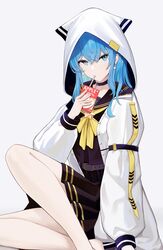  absurdres amamizu_shizuku apple_juice barefoot belt black_serafuku blue_eyes blue_hair choker commentary_request crossed_bangs drinking_straw drinking_straw_in_mouth female foot_out_of_frame grey_background highres holding hololive hood hood_up hooded_jacket hoshimachi_suisei hoshimachi_suisei_(school_uniform) jacket juice juice_box knee_up knees_apart_feet_together legs long_hair long_sleeves looking_at_viewer mouth_hold neck_ribbon official_alternate_costume official_alternate_hair_length official_alternate_hairstyle pleated_skirt puffy_sleeves ribbon school_uniform serafuku sidelocks sitting skirt solo star_(symbol) star_in_eye symbol_in_eye virtual_youtuber white_jacket yellow_ribbon 