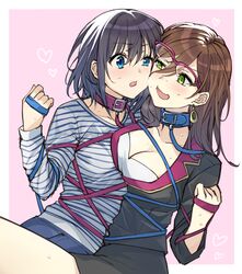  2girls black_hair black_jacket black_skirt blue_collar blue_eyes bound breasts brown_hair cleavage collar collarbone glasses green_eyes hair_behind_ear heart hero-san_to_moto_onna_kanbu-san highres holding holding_leash honey_trap_(hero-san_to_moto_onna_kanbu-san) honjou_hayate jacket leash medium_breasts multiple_girls open_mouth purple_collar shirt skirt small_breasts somechime_(sometime1209) striped_clothes striped_shirt surprised tied_up_(nonsexual) white_background yuri 