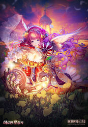  breasts cleavage company_name copyright_name copyright_notice destiny_child dress dusk feathered_wings female field flower flower_field glowing hair_flower hair_ornament highres kkuem kneeling large_breasts leaning_on_object long_hair long_sleeves official_art parted_lips pink_hair puff_and_slash_sleeves puffy_sleeves purple_eyes red_dress rusalka_(destiny_child) smile solo white_wings wings 