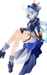  absurdres ahoge black_footwear black_gloves blue_eyes blue_hair blue_hat blue_jacket commentary_request crossed_legs female freeeeeeeeeee furina_(genshin_impact) genshin_impact gloves grin hat high_heels highres jacket long_hair long_sleeves looking_at_viewer parted_lips short_shorts shorts simple_background sitting smile socks solo thigh_strap thighs top_hat very_long_hair white_background white_shorts white_socks 