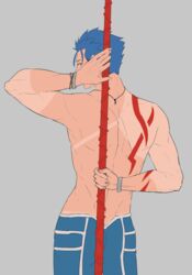  1boy arms_behind_back back biceps blue_hair bodypaint bracelet commentary_request cu_chulainn_(fate) cu_chulainn_(fate/stay_night) cu_chulainn_(second_ascension)_(fate) fate/grand_order fate_(series) from_behind gae_bolg_(fate) grey_background holding holding_polearm holding_weapon jewelry looking_back male_focus muscular muscular_male official_alternate_costume polearm polearm_behind_back red_eyes ruuto_(ruto3) short_hair simple_background solo spear tan tanlines topless_male weapon 