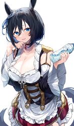  animal_ears black_hair blue_eyes blue_ribbon bob_cut bottle breasts cleavage collarbone ear_ribbon eishin_flash_(umamusume) female hair_between_eyes highres holding holding_bottle horse_ears horse_girl horse_tail inuyayo large_breasts looking_at_viewer red_eyes ribbon short_hair simple_background smile solo sweat swept_bangs tail umamusume water water_bottle white_background 