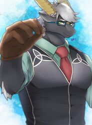  anthro black_body black_fur bovid caprine clothing eyewear fur glasses gloves goat green_eyes hair handwear hi_res horn hoshimi_l2 lifewonders looking_at_viewer male mammal muscular muscular_anthro muscular_male necktie solo tanngrisnir_(tas) tokyo_afterschool_summoners topwear vest white_hair 