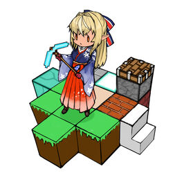  blonde_hair bow chibi dark-skinned_female dark_skin elf female hairbow hakama hakama_skirt holding holding_pickaxe hololive japanese_clothes long_hair long_pointy_ears looking_down minecraft minecraft_pickaxe multicolored_hair official_alternate_costume official_alternate_hairstyle pickaxe piston pointy_ears red_skirt sazare_(sazare_az) shiranui_flare shiranui_flare_(new_year) sidelocks skirt solo streaked_hair tied_hair virtual_youtuber weapon white_background 