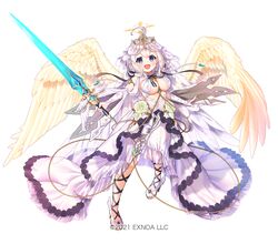  :d ahoge angel_wings angelic_link blush breasts commentary_request detached_sleeves dress female flower full_body grey_hair halo highres holding holding_sword holding_weapon large_breasts long_sleeves michael_(angelic_link) official_art pico_(p_i_c_o) purple_eyes simple_background smile solo sword tachi-e veil weapon white_background white_dress wings yellow_wings 