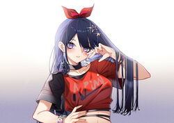  a-soul absurdres akinatsu_meguru bella_(a-soul) black_collar black_hair black_shirt blush bow bracelet breasts collar commentary_request crop_top earrings eyes_visible_through_hair female hair_ornament hairbow hand_on_own_hip hand_up heart heart_earrings highres jewelry long_hair looking_at_viewer medium_breasts midriff mole mole_under_eye nail_polish parted_lips pink_nails purple_eyes red_bow red_shirt shirt single_sleeve solo star_(symbol) star_hair_ornament upper_body virtual_youtuber 