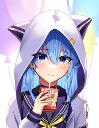  absurdres apple_juice balloon birthday blue_eyes blue_hair blue_serafuku brooch commentary drinking_straw ear_piercing english_commentary female happy_birthday highres hololive hood hood_up hoodie hoshimachi_suisei hoshimachi_suisei_(school_uniform) jewelry juice juice_box long_hair looking_at_viewer official_alternate_hair_length official_alternate_hairstyle phoebe_(pixiv_55159801) piercing school_uniform serafuku simple_background solo star_(symbol) star_brooch star_in_eye symbol-shaped_pupils symbol_in_eye virtual_youtuber white_background white_hoodie 