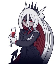  1boy alcohol bini_(xocolatl_501) black_jacket black_necktie black_pants collared_shirt colored_inner_hair commentary_request cosplay cowboy_shot crown cup danganronpa_(series) danganronpa_2:_goodbye_despair drinking_glass formal gloves hair_between_eyes helltaker holding holding_cup horns jacket kamukura_izuru long_hair long_sleeves looking_at_viewer lucifer_(helltaker) lucifer_(helltaker)_(cosplay) male_focus multicolored_hair necktie pants red_eyes red_hair red_shirt shirt solo suit tail transparent_background very_long_hair white_gloves white_hair white_horns wine wine_glass 