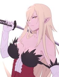  bare_shoulders blonde_hair breasts closed_mouth dress elbow_gloves eyelashes feather-trimmed_gloves female frown gloves hair_over_one_eye highres holding holding_sword holding_weapon katana kiss-shot_acerola-orion_heart-under-blade kizumonogatari kokorowatari large_breasts long_hair looking_at_viewer monogatari_(series) oshino_shinobu over_shoulder pointy_ears red_dress shimizu_tomoki simple_background solo strapless strapless_dress sword upper_body weapon weapon_over_shoulder white_background white_gloves yellow_eyes 