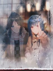  2girls ankodesoy black_hair blue_eyes blue_hair condensation glass_writing hibike!_euphonium kasaki_nozomi liz_to_aoi_tori multiple_girls red_hair reflection smile window window_fog winter yoroizuka_mizore 