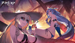  2girls ainezu alma_(artery_gear) armor artery_gear artery_gear:_fusion bikini black_bikini blonde_hair blue_bikini blue_eyes blue_hair breasts cleavage cloud covered_nipples cup drinking_glass drinking_straw food grin hat highres holding holding_cup laurel_(artery_gear) long_hair mechanical_arms mole mole_under_eye multiple_girls official_art outdoors palm_tree popsicle sitting smile straw_hat sunglasses sunset swimsuit tree 