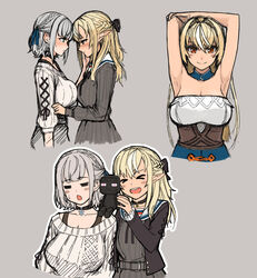  &gt;_&lt; 2girls =_= arm_behind_head armpits asymmetrical_docking bare_shoulders blonde_hair blush breast_press breasts cleavage commentary dark-skinned_female dark_skin elf enderman grey_background grey_hair hand_on_own_arm highres hololive large_breasts long_hair medium_breasts medium_hair minecraft multiple_girls multiple_views open_mouth pointy_ears sazare_(sazare_az) shiranui_flare shiranui_flare_(old_design) shirogane_noel shirogane_noel_(casual) short_hair stuffed_toy virtual_youtuber yuri 