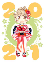  2021 :d akabeko blush_stickers bow brown_eyes brown_hair commentary_request female flower full_body hair_flower hair_ornament hairbow hinata_yuu holding japanese_clothes kimono long_sleeves looking_at_viewer new_year obi okobo open_mouth original sandals sash smile socks solo standing striped_clothes striped_kimono tied_hair white_background white_socks wide_sleeves 