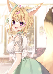  :d animal_ear_fluff animal_ears black_hair blonde_hair blurry blurry_background braid breasts commentary_request depth_of_field female fox_ears fox_girl fox_tail green_nails green_skirt heart heart-shaped_pupils hololive mauve medium_breasts multicolored_hair nail_polish official_alternate_costume official_alternate_hair_length official_alternate_hairstyle omaru_polka omaru_polka_(street_casual) open_mouth partial_commentary pink_hair puffy_short_sleeves puffy_sleeves purple_eyes see-through see-through_sleeves shirt short_sleeves skirt smile solo streaked_hair symbol-shaped_pupils tail tail_raised teeth upper_teeth_only virtual_youtuber white_shirt 