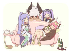  1boy 3girls 7dango7 alcohol armlet asterios_(fate) asymmetrical_gloves asymmetrical_legwear aunt_and_niece black_sclera blue_hair blush boots bottle bracelet brown_wings circe_(fate) colored_sclera dress drunk euryale_(fate) fate/grand_order fate/hollow_ataraxia fate/stay_night fate_(series) feathered_wings frilled_hairband frills gloves hairband head_wings headdress headpiece highres holding holding_bottle horns jewelry lolita_hairband long_hair magical_girl medea_(lily)_(fate) mismatched_gloves mismatched_legwear multiple_girls pointy_ears ponytail purple_hair red_eyes sake sake_bottle strapless strapless_dress thigh_boots thighhighs thighlet white_dress white_hair winged_hair_ornament wings 