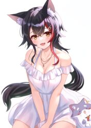  :3 :d absurdres animal_ear_fluff animal_ears black_hair blush breasts cleavage double-parted_bangs dress female gold_necklace hair_ornament hairpin highres hololive jewelry large_breasts long_hair looking_at_viewer miofa_(ookami_mio) multicolored_hair necklace ookami_mio open_mouth red_hair sidelocks smile streaked_hair togemaru34 very_long_hair virtual_youtuber white_background white_dress wolf_ears wolf_girl yellow_eyes 