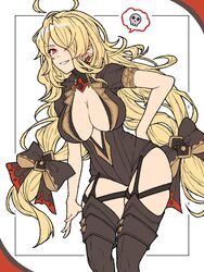  ahoge black_bow black_eyes blonde_hair border bow breasts cleavage cleavage_cutout clothing_cutout earrings female garter_straps granblue_fantasy hair_over_one_eye hairbow highres jewelry large_breasts ll_0109 long_hair low-tied_long_hair outside_border predator_(granblue_fantasy) red_eyes short_sleeves simple_background skull smile speech_bubble thick_thighs thighs very_long_hair white_background 