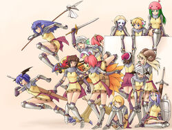  6+girls animal_ears armor armored_boots bird black_wings blonde_hair blue_eyes blue_hair boots bow breastplate breasts brown_cape brown_hair brown_horns brown_legwear cape chainmail closed_eyes closed_mouth commentary_request cross demon_wings fake_animal_ears fake_horns fins full_body gauntlets goggles goggles_on_head green_eyes green_hair grey_hair hairbow hat head_fins head_wings holding holding_polearm holding_sword holding_weapon horns kazuma_muramasa knight_(ragnarok_online) long_hair looking_afar looking_at_another looking_to_the_side mask masked medium_breasts medium_hair mouth_guard multiple_girls open_mouth pauldrons peco_peco pointy_ears polearm poring potion purple_bow purple_hair rabbit_ears ragnarok_online red_bow red_hair riding riding_bird running santa_hat scabbard seiza sheath shield short_hair shoulder_armor sitting smile socks spear standing sword visor_(armor) wall weapon white_hair wings 