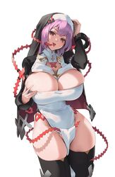  breasts commentary cowboy_shot female habit hand_up highres huge_breasts long_hair looking_at_viewer no_panties nun orange_eyes original pelvic_curtain pink_hair simple_background solo symbol-only_commentary thick_thighs thighhighs thighs tongue tongue_out white_background wonchun 