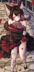  absurdres animal_ears bare_legs bare_shoulders blue_archive blush breasts brown_dress brown_gloves brown_hair cleavage closed_mouth collarbone commentary_request dress dress_flower falling_petals female flower fluffy_tail fox_ears fox_girl fox_tail frills gloves halo halter_dress halterneck hand_on_own_chest high_heels highres lace lace_gloves large_breasts looking_at_viewer medium_hair multicolored_hair night outdoors pantyhose patterned_pantyhose petals pumps red_flower red_halo red_petals red_rose red_streaks rose rose_petals sheer_gloves sleeveless sleeveless_dress smile solo standing stone_floor streaked_hair tail thorn_pattern vine_pattern wakamo_(blue_archive) yakumosumiii yellow_eyes 