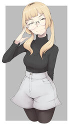  act-age adjusting_eyewear black_pantyhose black_sweater blonde_hair blunt_bangs breasts brown_eyes closed_mouth cropped_legs denim denim_shorts duplicate eyebrows female freckles glasses highres ina_(gokihoihoi) long_hair long_sleeves looking_at_viewer medium_breasts pantyhose pixel-perfect_duplicate round_eyewear sanzaka_nanao shorts smug solo sweater turtleneck turtleneck_sweater twintails 