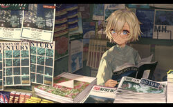  blonde_hair blue_eyes commentary english_commentary english_text female hair_between_eyes highres looking_away magazine_(object) market_stall newspaper open_magazine original short_hair smile solo standing yellow-framed_eyewear yutsumoe 