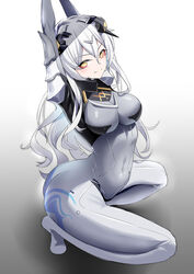  absurdres ass bad_id bad_pixiv_id bodysuit breasts chinese_commentary closed_mouth commentary_request covered_navel female full_body girls&#039;_frontline grey_bodysuit hair_ornament hairclip hands_up highres light_blush long_hair looking_at_viewer medium_breasts nyto_(girls&#039;_frontline) one_smoke paradeus simple_background sitting skin_tight smile solo tareus_(girls&#039;_frontline) thighs white_hair yellow_eyes 