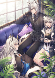  1boy 2girls :d alternate_costume animal_ears arknights bad_id bad_pixiv_id black_choker black_gloves black_jacket black_necktie black_pants black_vest braid brother_and_sister choker cliffheart_(arknights) commentary_request couch coyucom cup gloves grey_eyes grey_hair grey_shirt hair_between_eyes hand_up highres holding holding_cup indoors jacket leopard_boy leopard_ears long_hair long_sleeves looking_at_viewer miniskirt multiple_girls necktie no_headwear open_clothes open_jacket open_mouth pants pillow plant pramanix_(arknights) profile shirt short_hair siblings silverash_(arknights) sisters sitting skirt smile striped_clothes striped_vest teacup thighs vertical-striped_clothes vertical-striped_vest vest white_skirt window 