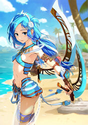  arm_guards armpits bad_id bad_pixiv_id bare_shoulders beach blue_eyes blue_hair blue_sky breasts dana_(ys) day dual_wielding female from_side hairband holding holding_weapon long_hair looking_at_viewer looking_to_the_side low_twintails navel outdoors palm_tree parted_lips revealing_clothes see-through sky small_breasts solo standing starfish stomach thigh_strap tree twintails weapon white_hairband yoshitake ys ys_viii_lacrimosa_of_dana 