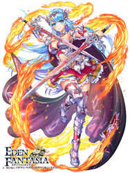  black_cape blue_eyes blue_hair cape commentary_request copyright_name crop_top dual_wielding eden_fantasia esphy fantasy female fire full_body highres holding holding_sword holding_weapon leg_armor long_hair mona_(eden_fantasia) official_art red_cape red_skirt skirt smile solo sword tiara two-sided_cape two-sided_fabric watermark weapon white_background 