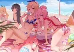  5girls animal_ears bad_id bad_pixiv_id barefoot beach beach_towel beach_umbrella bikini black_hair blonde_hair blue_bikini blue_one-piece_swimsuit breasts casual_one-piece_swimsuit cat_ears cleavage day double_bun drooling feet food foot_out_of_frame frilled_one-piece_swimsuit frills fruit hair_bun half-closed_eyes himehina_channel hinata_channel ice_cream innertube knee_up legs looking_at_viewer mirai_akari mirai_akari_project multicolored_hair multiple_girls nekomiya_hinata nijisanji nogi_lace ocean one-piece_swimsuit outdoors parfait pink_hair pink_one-piece_swimsuit popsicle purple_eyes saliva sand side-tie_bikini_bottom sidelocks sleeping small_breasts soles streaked_hair sunlight suzuki_hina swim_ring swimsuit tanaka_hime toes towel tsukino_mito umbrella virtual_youtuber water watermelon 