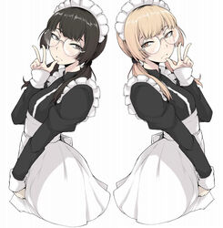  2girls act-age alternate_hair_color blonde_hair brown_eyes brown_hair closed_mouth dual_persona eyebrows freckles glasses highres ina_(gokihoihoi) long_hair long_sleeves looking_at_viewer low_twintails maid maid_headdress multiple_girls sanzaka_nanao simple_background twintails v white_background 