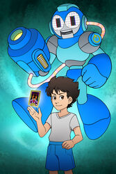  1boy arm_cannon black_hair blue_shorts bodysuit brown_eyes card closed_mouth commentary english_commentary grey_shirt guilhermerm hand_up helmet highres judgement_(tarot) looking_at_viewer male_focus mega_man_(character) mega_man_(classic) mega_man_(series) persona shirt short_hair short_sleeves shorts smile standing super_smash_bros. tarot tarot_(card) weapon 