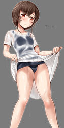  absurdres alternate_costume alternate_hairstyle blue_one-piece_swimsuit brown_hair commentary_request female highres kantai_collection minase_(takaoka_nanase) one-piece_swimsuit orange_eyes partial_commentary school_swimsuit see-through shirt short_sleeves solo souya_(kancolle) swimsuit swimsuit_under_clothes wet wet_clothes white_shirt 