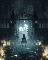  animal_ears backlighting black_shorts bob_cut boots broken broken_gate broken_ground cat_ears cat_girl cat_tail cloak dark female fence forest garter_straps gate ironwork lamp leaf legs_apart light_particles nature original photoshop_(medium) shadow short_hair short_shorts shorts solo standing stomach tail thigh_boots thighhighs tree wanke wide_shot 