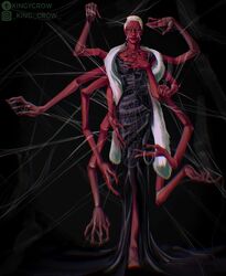  10_arms 2023 8_eyes alternative_fashion animal_humanoid annabelle_cane arachnid arachnid_humanoid arthropod arthropod_humanoid arthropod_webbing avatar_(tma) black_clothing chromatic_aberration clothed clothing digital_drawing_(artwork) digital_media_(artwork) dress entity_(tma) female full-length_portrait fully_clothed goth hair hi_res humanoid kingycrow multi_arm multi_eye multi_limb no_irises portrait red_body solo spider_humanoid spider_web standing the_magnus_archives watermark web_(tma) white_hair 