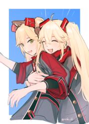  2girls absurdres admiral_hipper_(azur_lane) azur_lane blonde_hair bluecher_(azur_lane) blush closed_eyes dress fang_out green_eyes hair_ornament hairclip highres hug hug_from_behind long_hair looking_at_viewer multiple_girls oerba_yun_fang open_mouth rzk_iii sidelocks simple_background smile twintails twitter_username upper_body wide_sleeves 