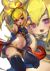  :d ahoge arm_behind_back asymmetrical_clothes asymmetrical_hair bare_shoulders blonde_hair blue_dress blue_sleeves blush boots breasts clothing_cutout commentary_request cowboy_shot dress dress_tug duel_monster female fire gold_trim green_hair groin hair_between_eyes highres long_hair looking_at_viewer midriff multicolored_hair navel open_mouth pelvic_curtain pink_eyes pointy_ears red_shawl sevens_road_witch shawl side_cutout side_ponytail side_slit sidelocks small_breasts smile thigh_boots thighhighs two-tone_hair white_background yaibaken yu-gi-oh! yu-gi-oh!_sevens zoom_layer 