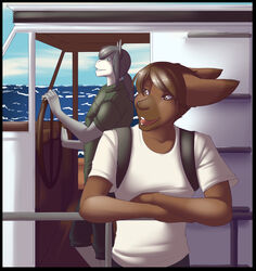  anthro black_border boat border brown_body brown_fur brown_hair clothed clothing digital_media_(artwork) duo equid equine fur grey_hair hair horse lagomorph leporid male mammal open_mouth rabbit shaded vehicle water watercraft white_body white_fur will_(wolfpack67) ziggie13 