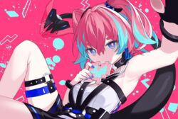  armpits black_gloves black_shorts blue_eyes blue_hair blue_nails collar earrings english_commentary female gloves hair_intakes harness honkai_(series) honkai_impact_3rd jewelry knee_up looking_at_viewer medium_hair multicolored_hair no_mouth pink_hair reaching reaching_towards_viewer reclining rozaliya_olenyeva rozaliya_olenyeva_(fervent_tempo) shirt short_eyebrows short_twintails shorts single_glove sleeveless sleeveless_shirt tail thigh_strap tiko_(idadsa91) twintails two-tone_hair wristband 