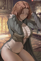  ;) adjusting_hood blurry blurry_background blush breasts brown_hair carpet closed_mouth coat commentary crop_top elden_ring female fireplace hands_up highres hood hooded_robe indoors kneeling large_breasts lips looking_at_viewer melina_(elden_ring) navel no_pants one_eye_closed panties parted_hair patreon_logo patreon_username removing_hood robe shexyo short_hair smile solo thighs underwear web_address yellow_eyes 