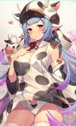  animal_ears animal_print bad_id bad_pixiv_id bare_shoulders bikini blue_hair blush bovine breasts catura_(granblue_fantasy) chromatic_aberration cleavage cow_ears cow_girl cow_hat cow_horns cow_print detached_collar detached_sleeves draph ear_piercing female granblue_fantasy grin highres homaderi horns large_breasts long_hair looking_at_viewer navel piercing pointy_ears purple_eyes see-through short_shorts shorts smile solo swimsuit thighhighs thighs white_bikini white_shorts white_thighhighs wide_sleeves 