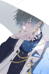  1boy aiguillette blue_hair blurry chains depth_of_field earclip earrings gin-jian hand_up highres ike_eveland ike_eveland_(1st_costume) jacket jewelry long_sleeves looking_afar male_focus nijisanji nijisanji_en solo tassel upper_body virtual_youtuber white_background yellow_eyes 