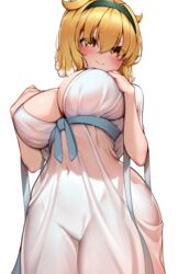  animal_ears blonde_hair blush breasts brown_eyes commentary covered_navel curvy dog_ears dog_girl dress english_commentary female floppy_ears from_below green_hairband hair_between_eyes hairband highres huge_breasts isekai_meikyuu_de_harem_wo kaptivate looking_at_viewer roxanne_(isekai_meikyuu_de_harem_wo) smile solo white_background white_dress white_hair 